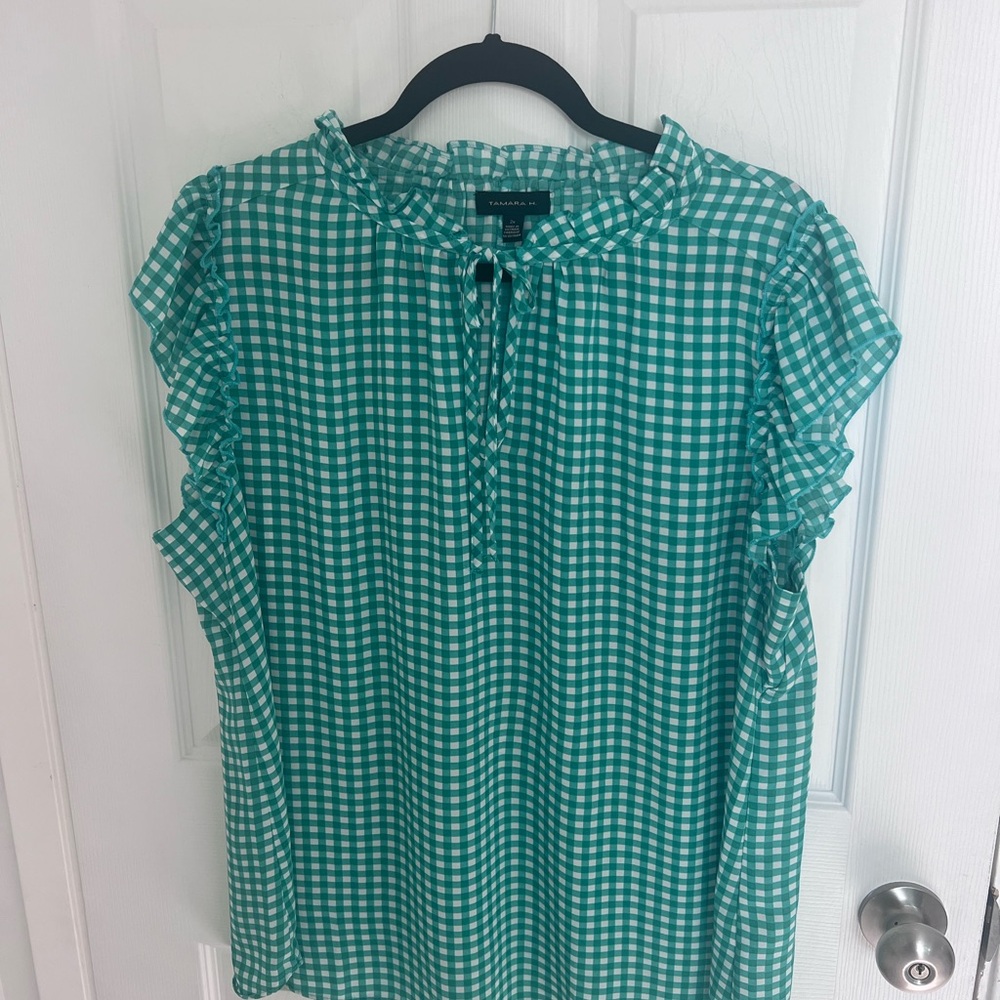 Green Gingham Ruffle Tie-Neck Blouse - Women's Top